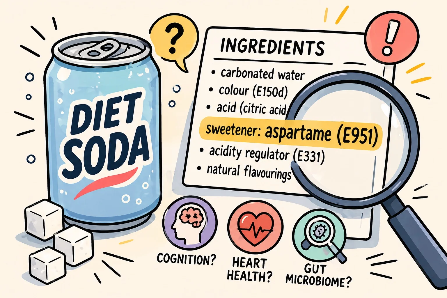 Latas y botellas de refrescos light dispuestas sobre una encimera, representando los productos edulcorados con aspartamo analizados en la investigación de 2025—2026