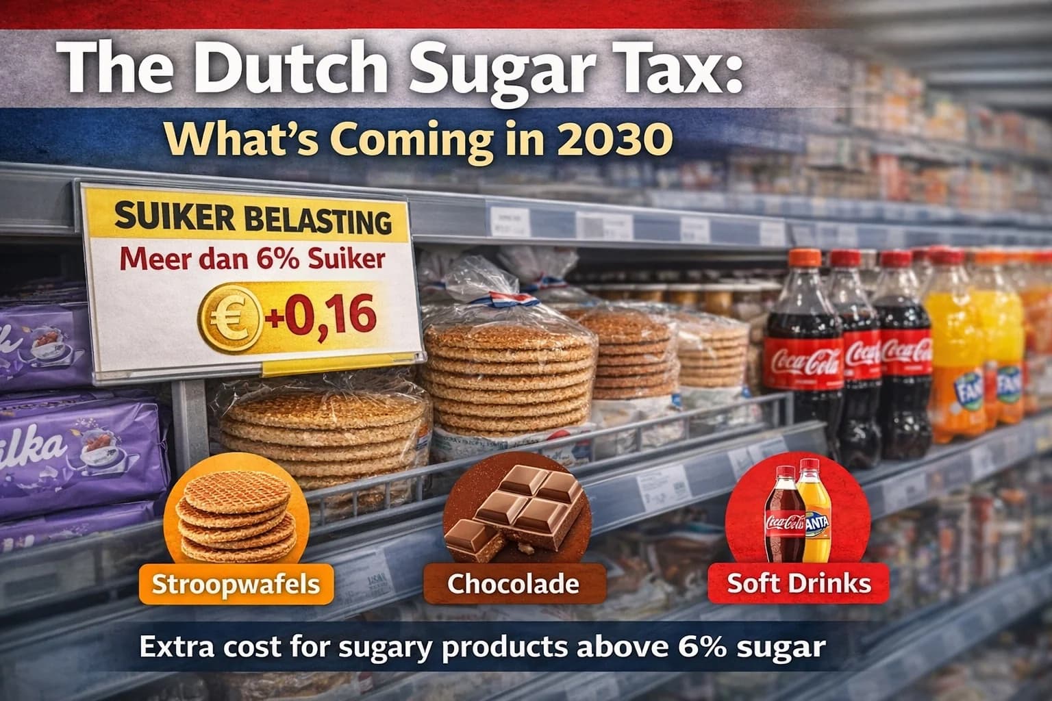 Vista cenital de productos envasados neerlandeses ricos en azúcar — galletas, dulces y refrescos — ilustrando los productos afectados por el impuesto al azúcar de Países Bajos que entra en vigor en 2030