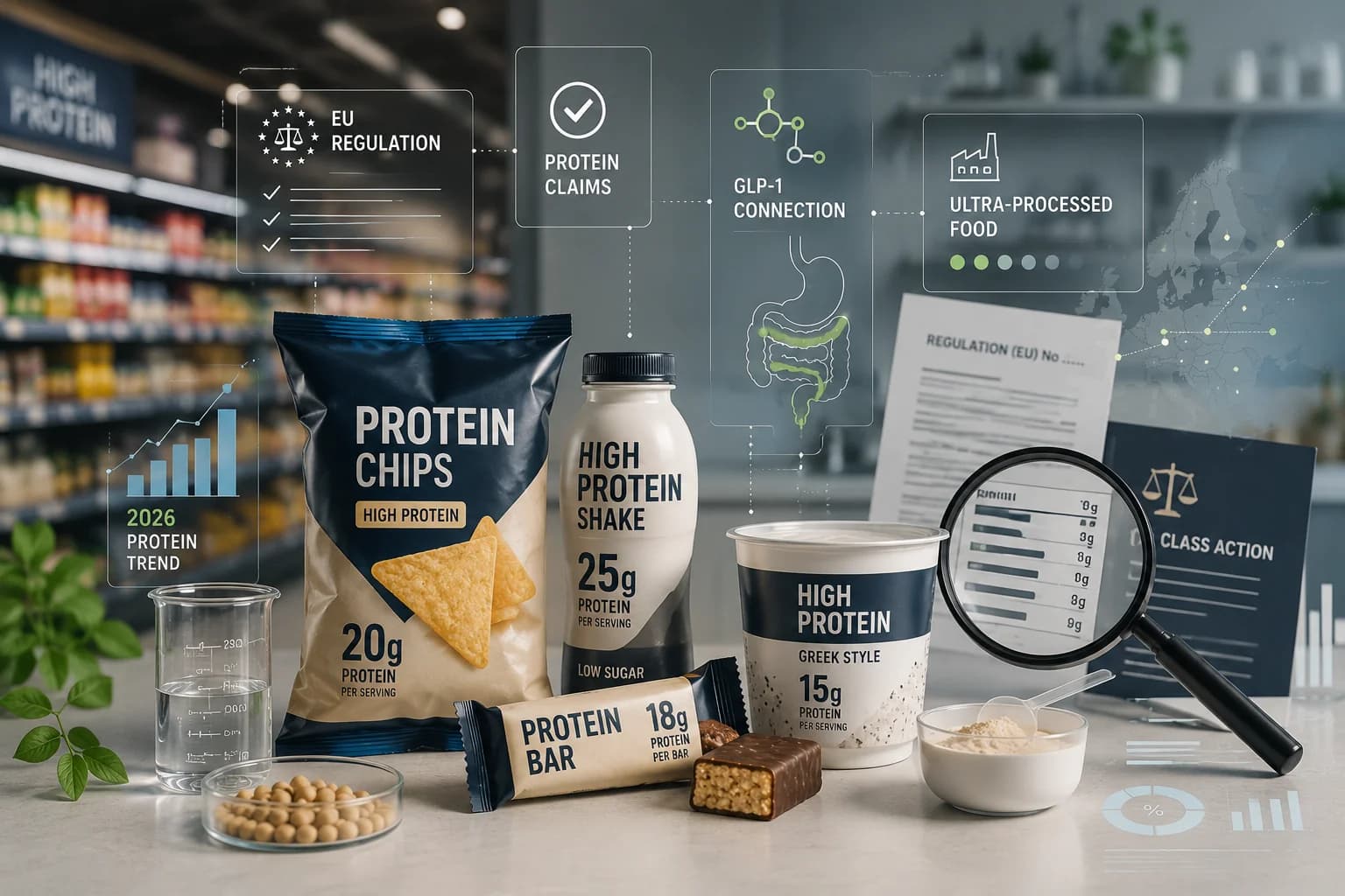 Una composición de productos envasados ricos en proteínas — barritas, snacks, bebidas y cereales — ilustrando la saturación de productos etiquetados como 'alto en proteínas' en los supermercados en 2026