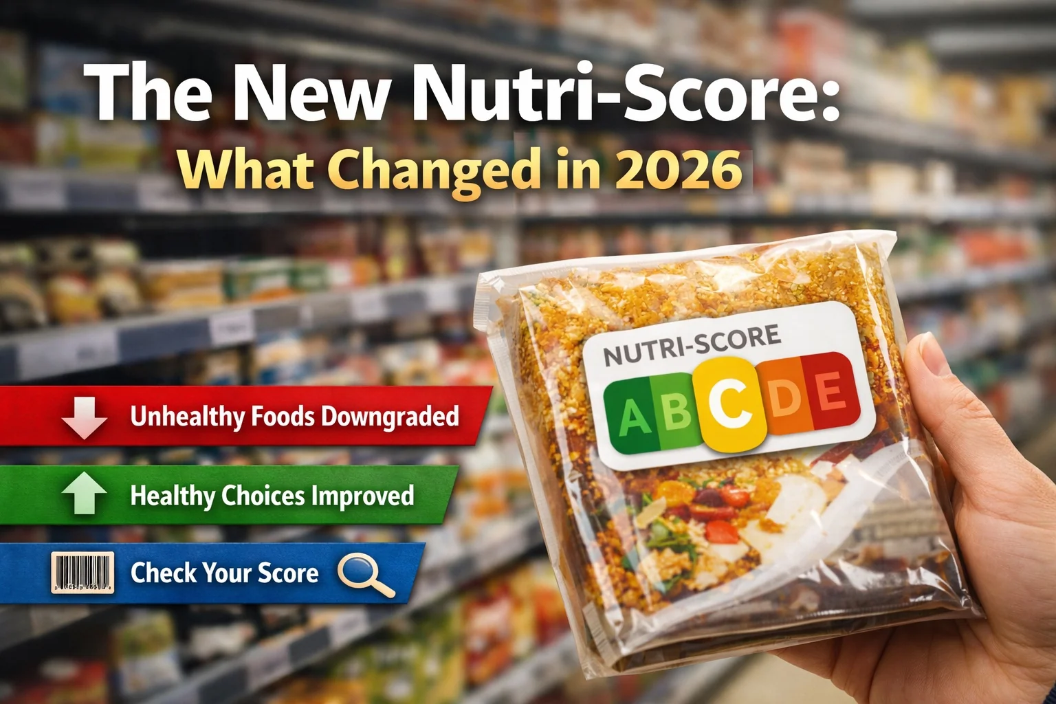 Productos envasados mostrando la etiqueta Nutri-Score con código de color de A a E, ilustrando el algoritmo actualizado de 2026 y la nueva puntuación de los productos cotidianos