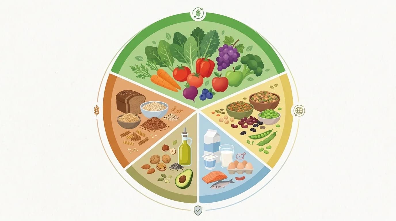 Una composición de alimentos destacados en la versión 2026 del Schijf van Vijf neerlandés — legumbres, cereales integrales, verduras y lácteos — ilustrando las recomendaciones dietéticas revisadas del Voedingscentrum