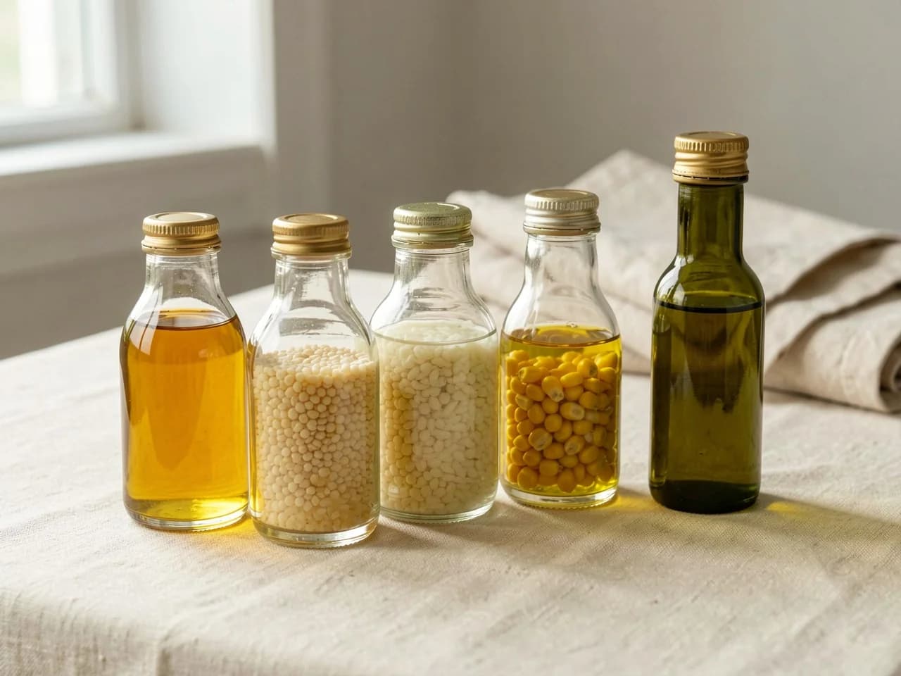 Botellas de aceites de semillas comunes — girasol, colza y canola — sobre una superficie de madera, ilustrando los aceites de cocina en el centro del debate sobre la investigación en inflamación de 2025—2026