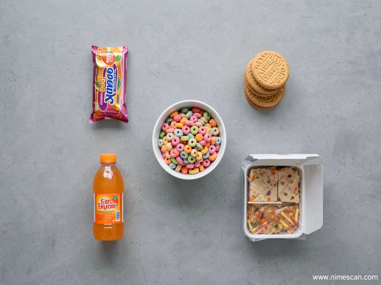 Un flat lay editorial cenital con productos ultraprocesados comunes — un bol de cereales azucarados, una barrita snack envasada, galletas, una botella de refresco y una caja de comida preparada — dispuestos sobre una superficie neutra, ilustrando las categorías en el centro del informe del European Heart Journal de mayo de 2026 sobre alimentos ultraprocesados