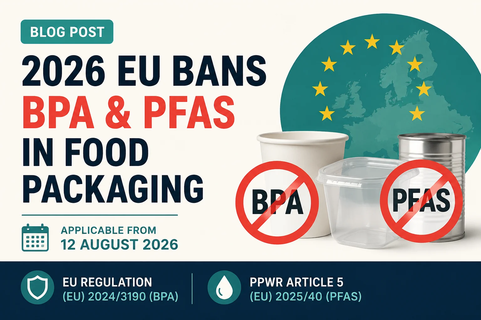 Latas de conserva y envoltorios antigrasa de comida rápida sobre un fondo neutro, representando los materiales en contacto con alimentos con BPA y PFAS prohibidos en la UE en 2026