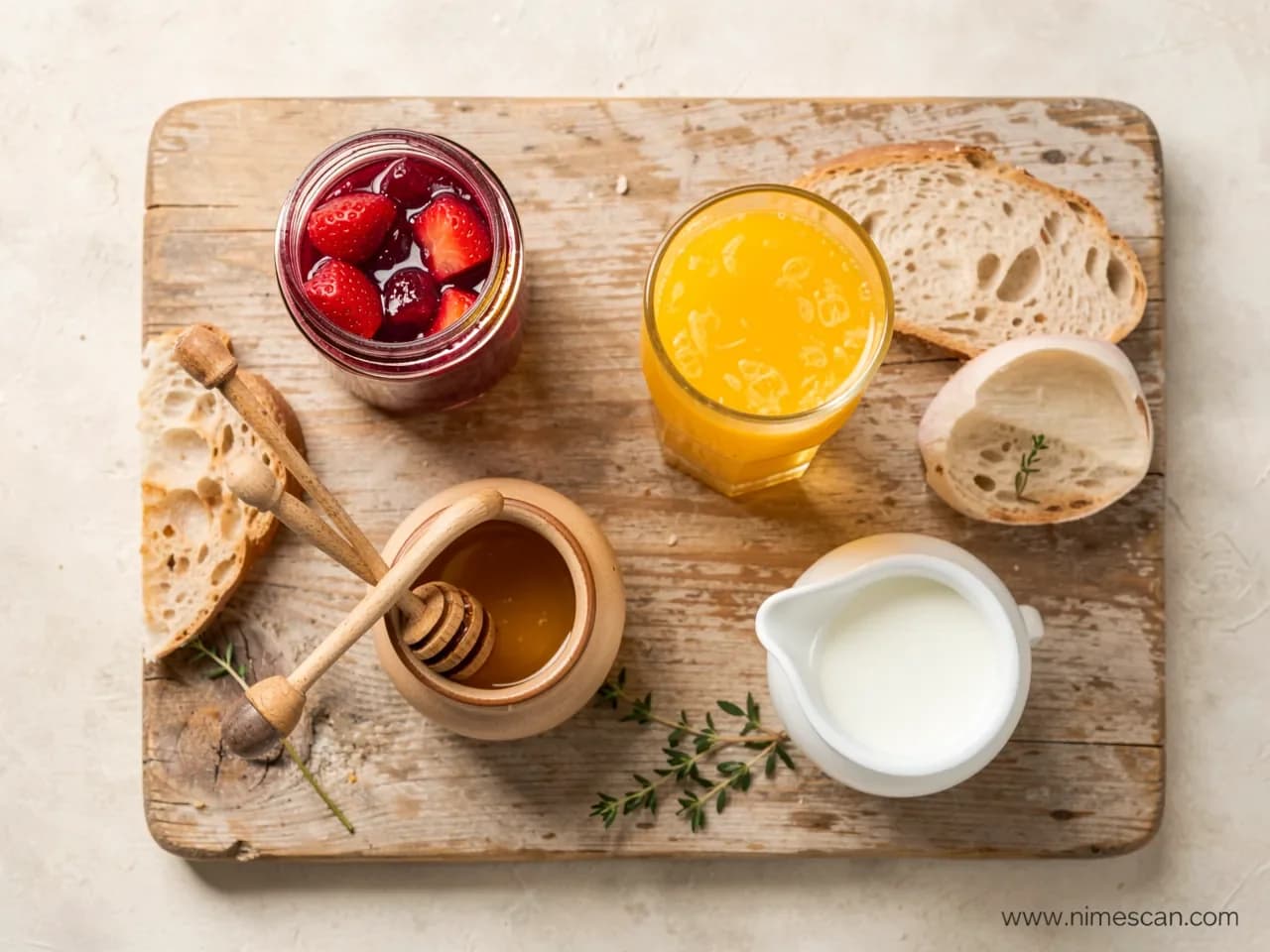 Vista cenital de un desayuno continental europeo sobre una tabla de madera — un tarro de mermelada con trozos de fruta, una cuchara para miel, un vaso de zumo de naranja y una jarrita de leche — ilustrando las cuatro categorías de productos reguladas por la Directiva UE del desayuno 2024/1438 en vigor el 14 de junio de 2026