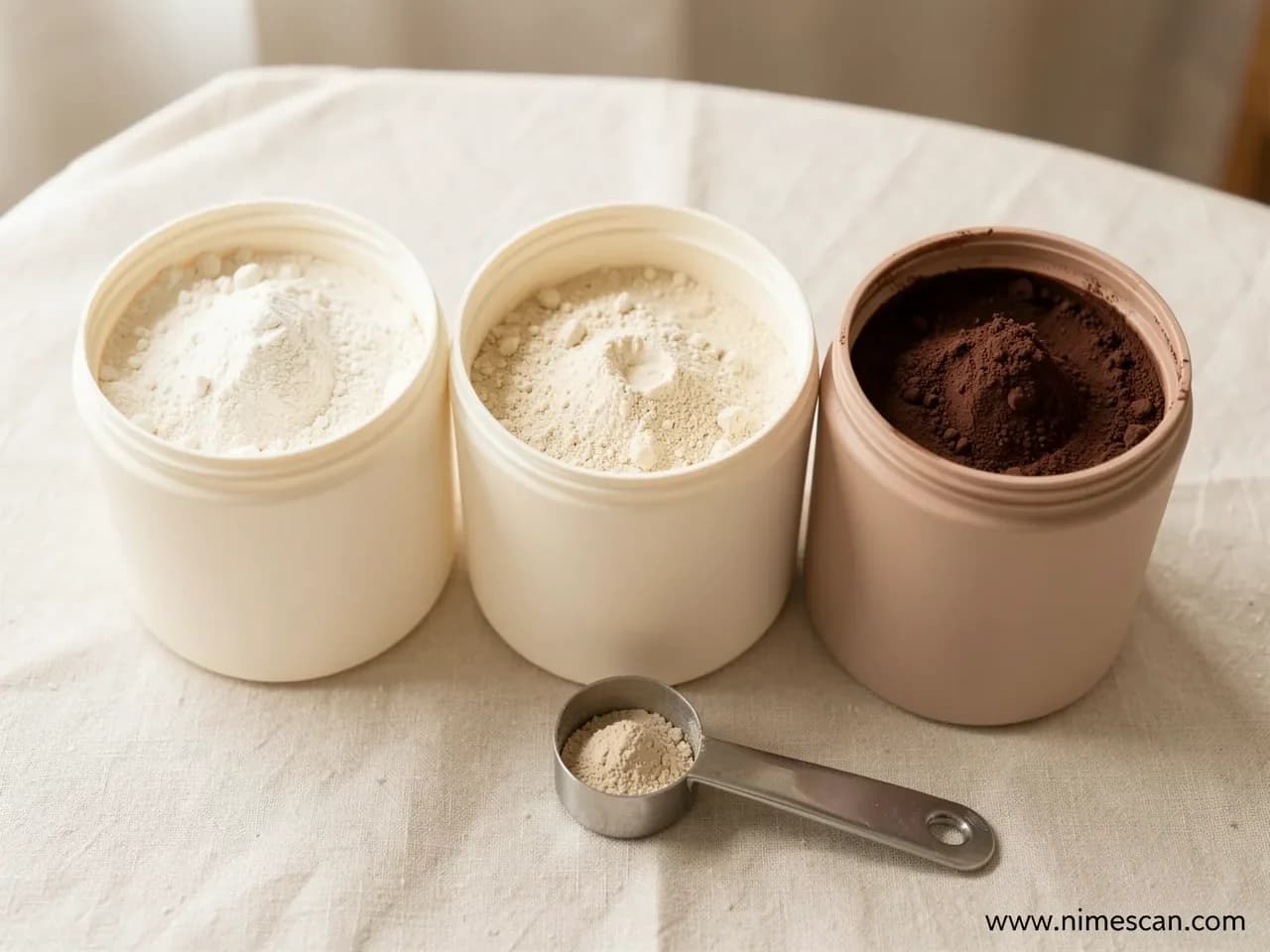 Una fila de tres botes abiertos de proteína en polvo sobre una superficie de lino crema — uno de whey, uno vegetal, uno de chocolate — con una cuchara dosificadora delante, ilustrando los patrones de contaminación documentados en las pruebas de Clean Label Project de 2026